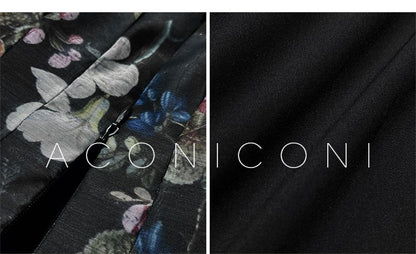 Aconiconi Luxury Black Flower Print  Slim Waist vacation Dress- Huachen Yueying