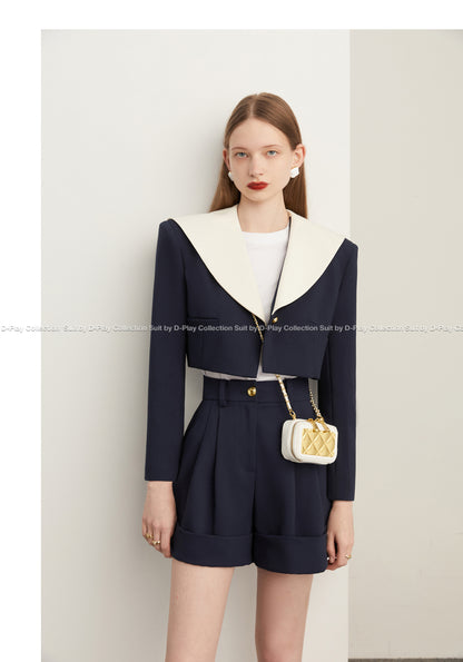 Fall autumn vintage navy collar high-waisted short coat - Wiole