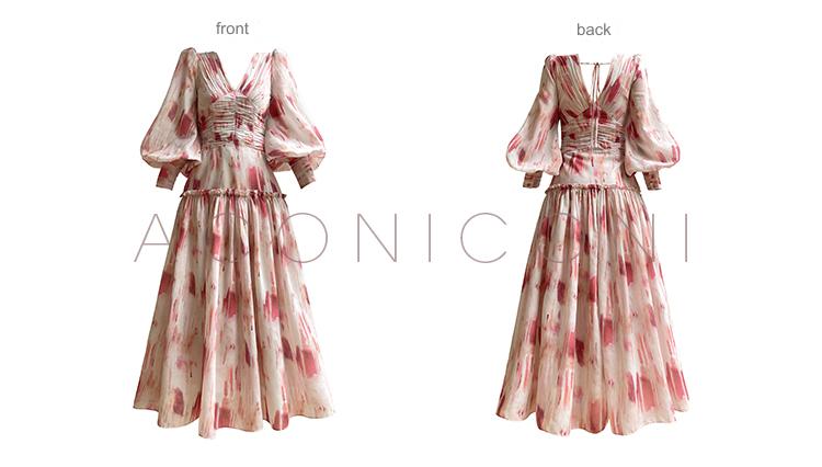 Aconiconi Elegant Rose French Print V-Neck Long Sleeve Long Summer Dress- Wild Rose