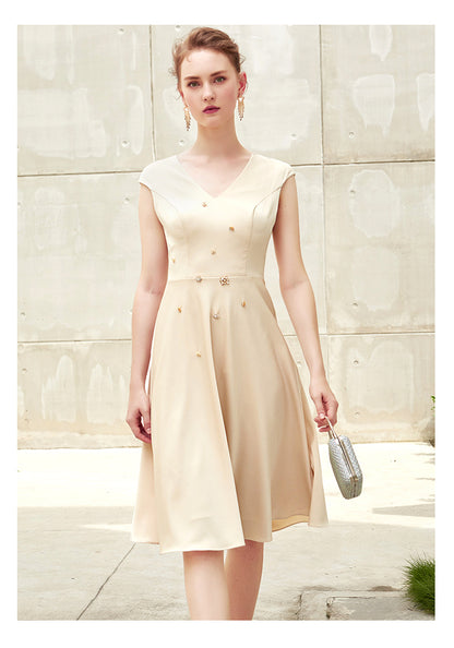 SIDUO Elegant autumn mid length sleeveless V-neck mid waist A-line skirt beige dinner dress -Anne  ( V )