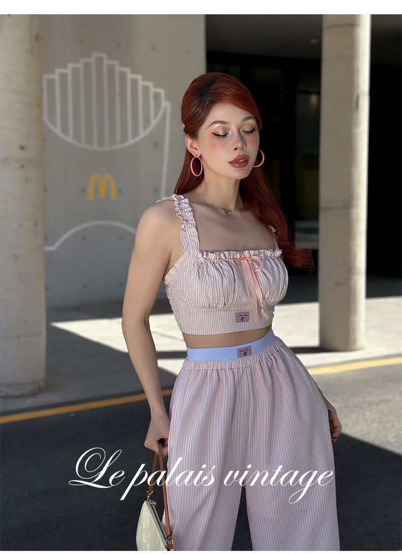 Le Palais Vintage Luxury Pink Striped Lace Crop Suspenders High Waist Short Skirt-Katie