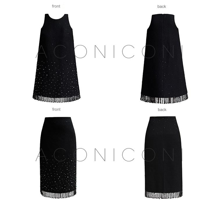 Aconiconi Elegant Black Retro High Waist Diamond Tassel Chic Skirt-  Shallow Light