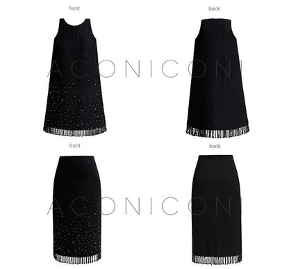 Aconiconi Elegant Black Retro High Waist Diamond Tassel Chic Skirt-  Shallow Light