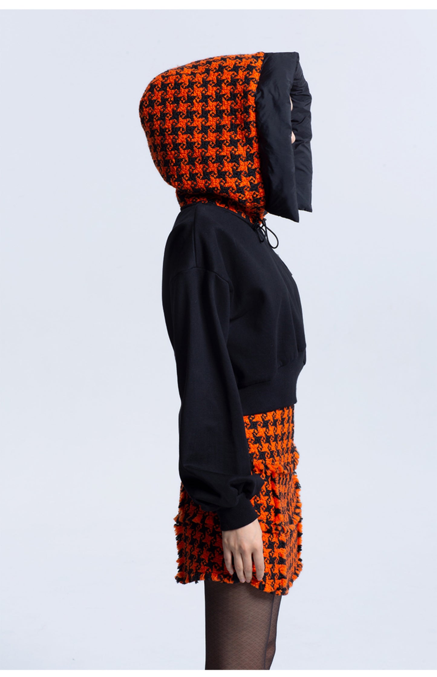 LEDIM W Patchwork luxury orange houndstooth plaid hooded black sweat shirt pullover -Haiei