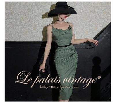 Le Palais Vintage Elegant Two-Piece Sleeveless Pleated Slim Fit Slip Cocktail Dress-Linda