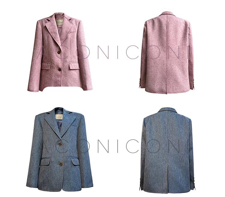 Aconiconi Elegant Korean Style Denim Blue/Pink Loose Blazer Skirt- Pine cypress crabapple