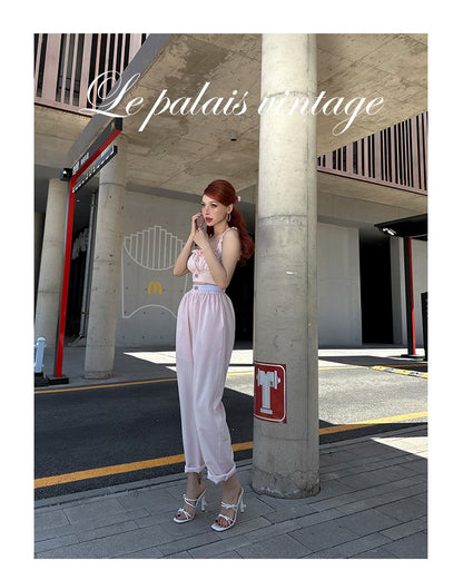 Le Palais Vintage Luxury Pink Striped Lace Crop Suspenders High Waist Short Skirt-Katie