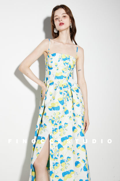 French yellow blue printed jacquard  puffy dress- Nicco