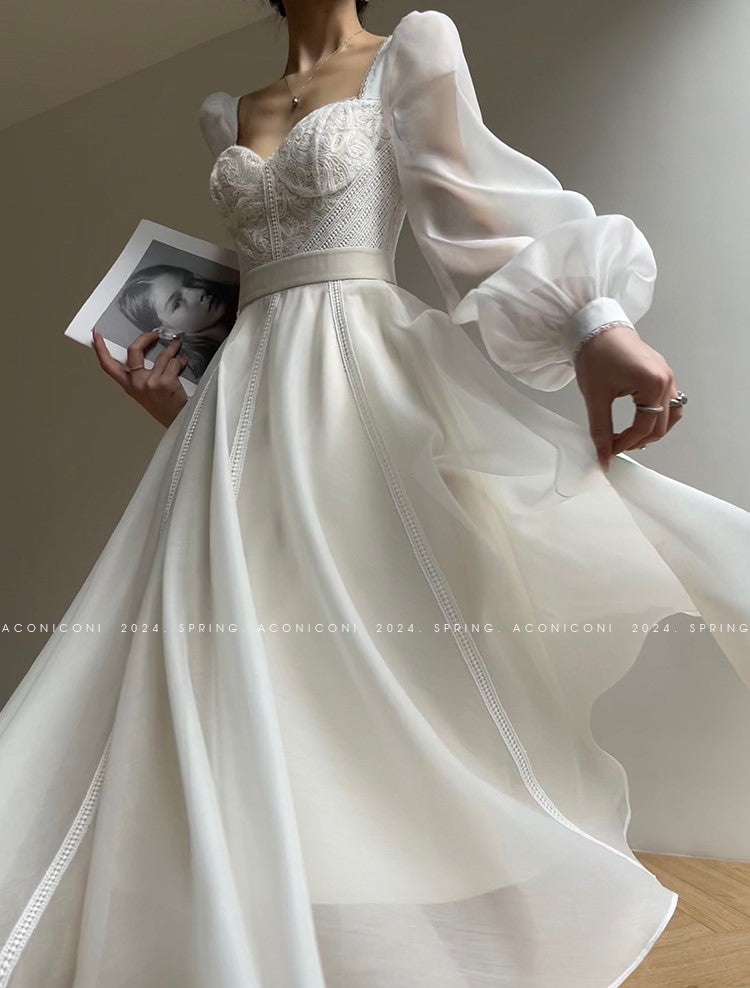 Aconiconi Elegant White Long Sleeve bridal reharsal Dress- Listen Spring