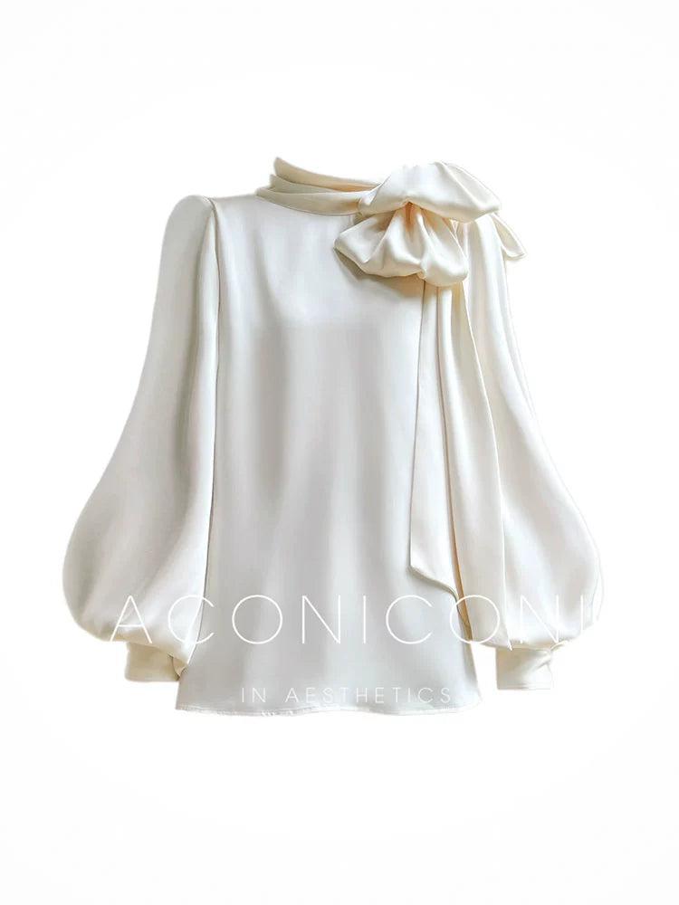 Aconiconi Elegant French Style Ribbon Long Sleeve Shirt-  Cloudy Jade Coral