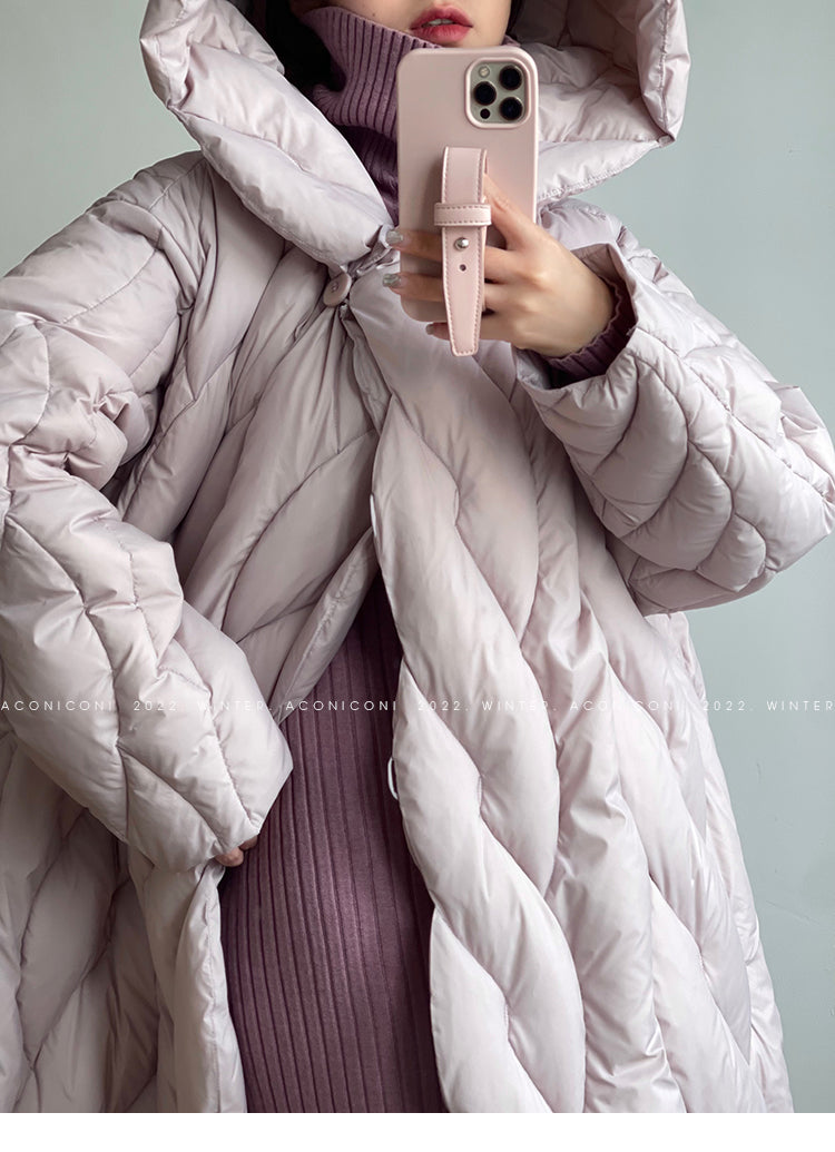 Aconiconi White Duck Down Hooded Long Sleeve Thick Long Winter Coat- Shephardess