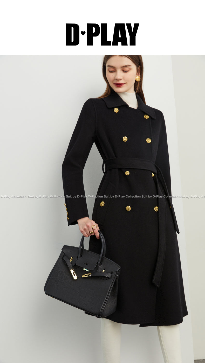 Fall autumn Luxury Black Lapel Double Breasted Wool coat - Viva