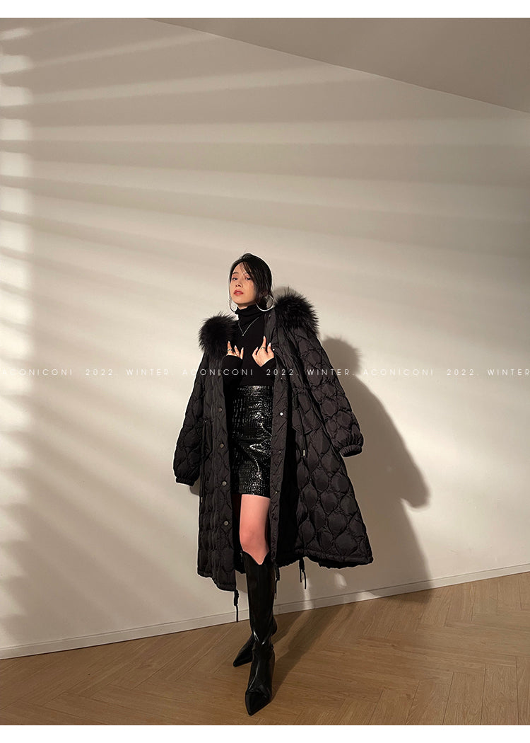 Aconiconi Elegant Duck Down Long Sleeve Hooded Long Fur Winter Coat -  He Xu Ling Hua