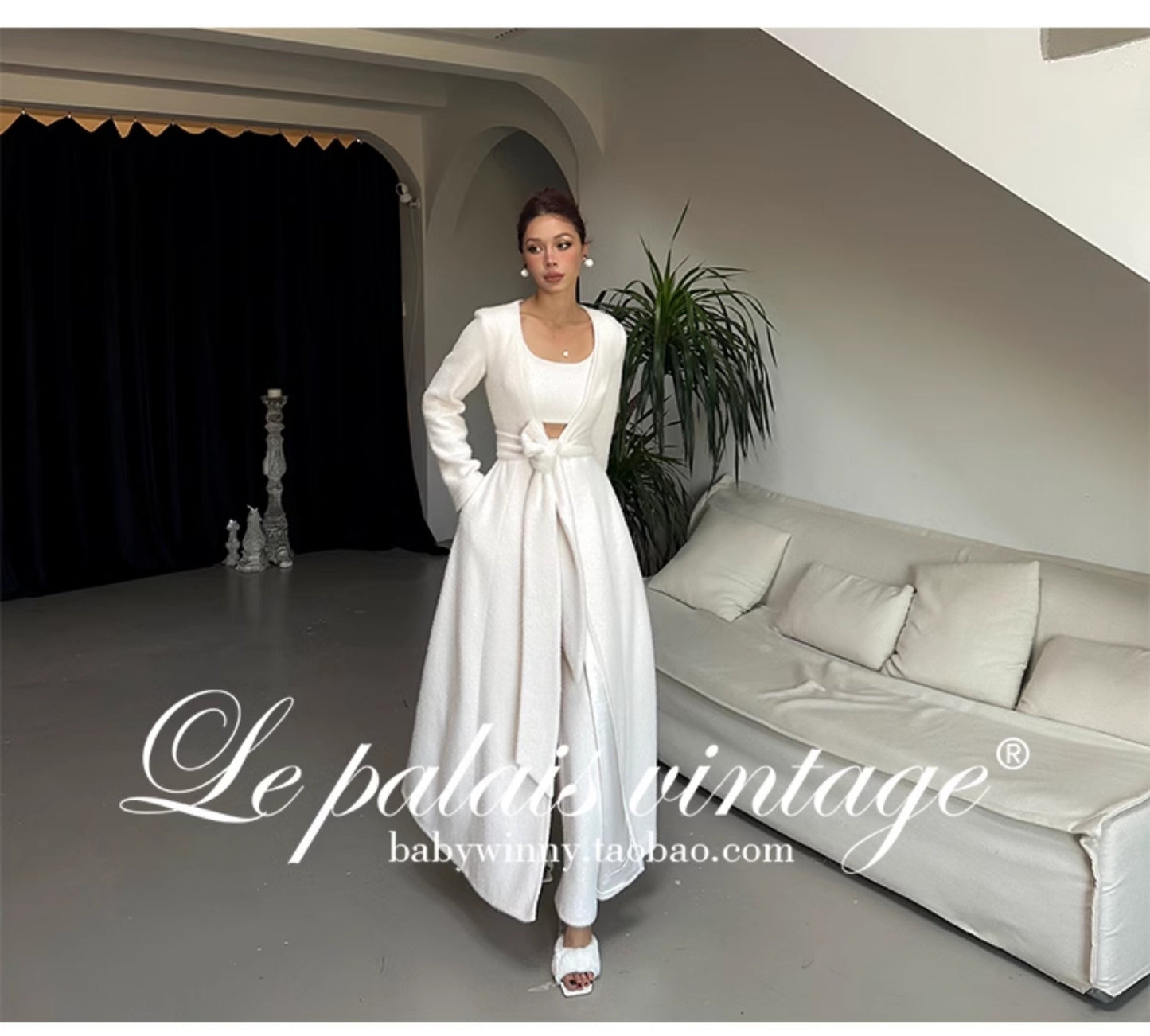 Le Palais Vintage Luxury Soft Slim Plush Drape Wrap  Long White and Pink Coat-Hazai