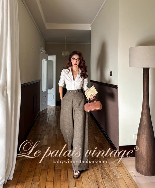 Le Palais Vintage Elegant Short Woolen Jacket with High-Waist Wide-Leg Pants-Riley