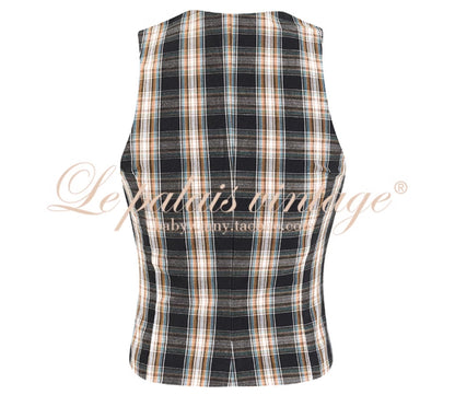 Le Palais Vintage High End Plaid Vest Shirt Pleated Sexy Office Suit Skirt-Stella