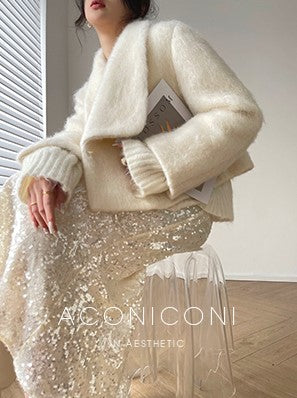 Aconiconi Elegant White Tweed Long Sleeve cropped Winter Coat- Yao Te