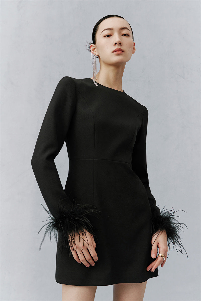 PURITY  Elegant Modern Feathers minimalist long-sleeved little black dress- Dennie