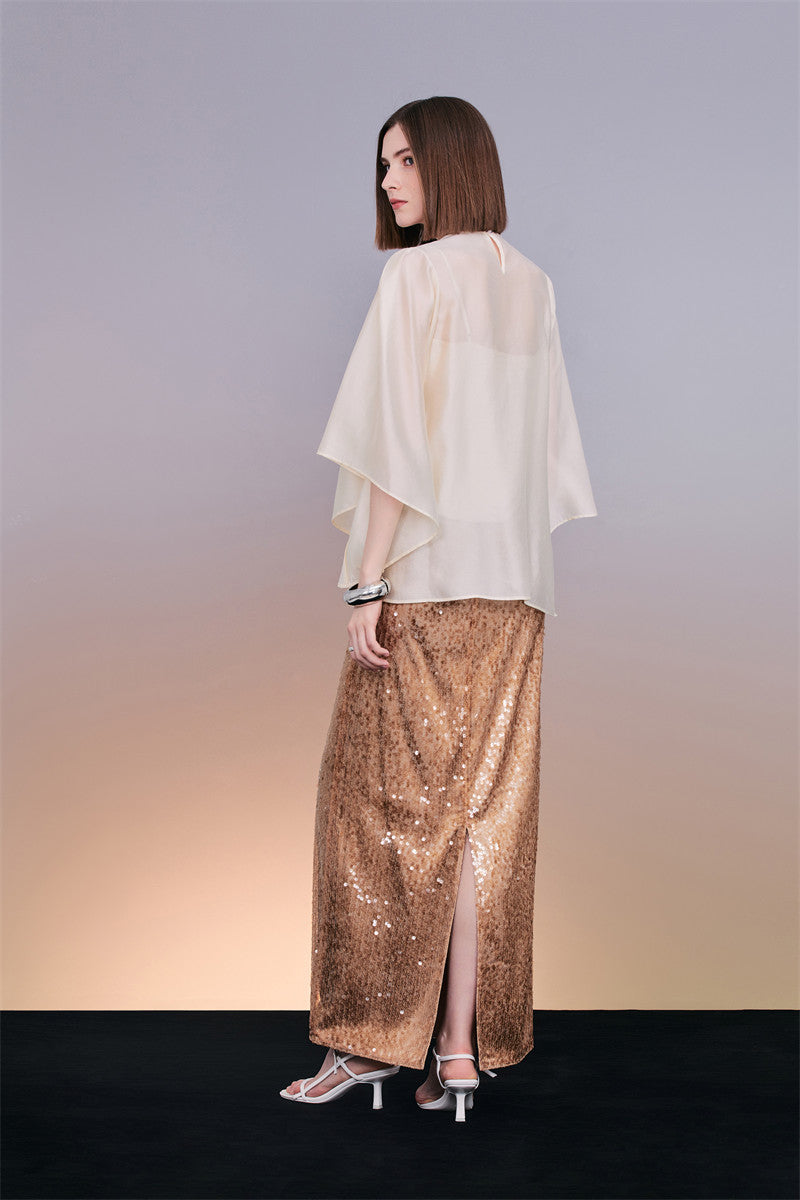 PURITY Elegant beaded top sleek sequin straight skirt- Sisal