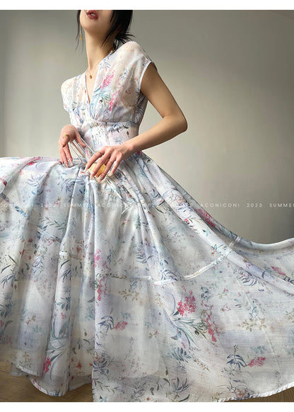 Aconiconi  high-end V-neck A-Line Vintage printed tea summer dress- Yufu fairy