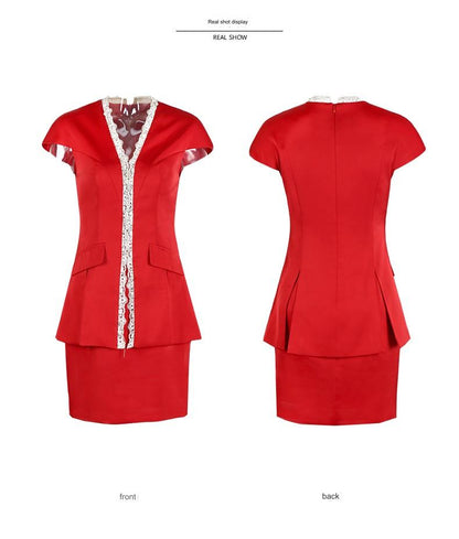 SIDUO Elegant short sleeves V-neck mid skirt short red corporate dress-Amelia ( V )