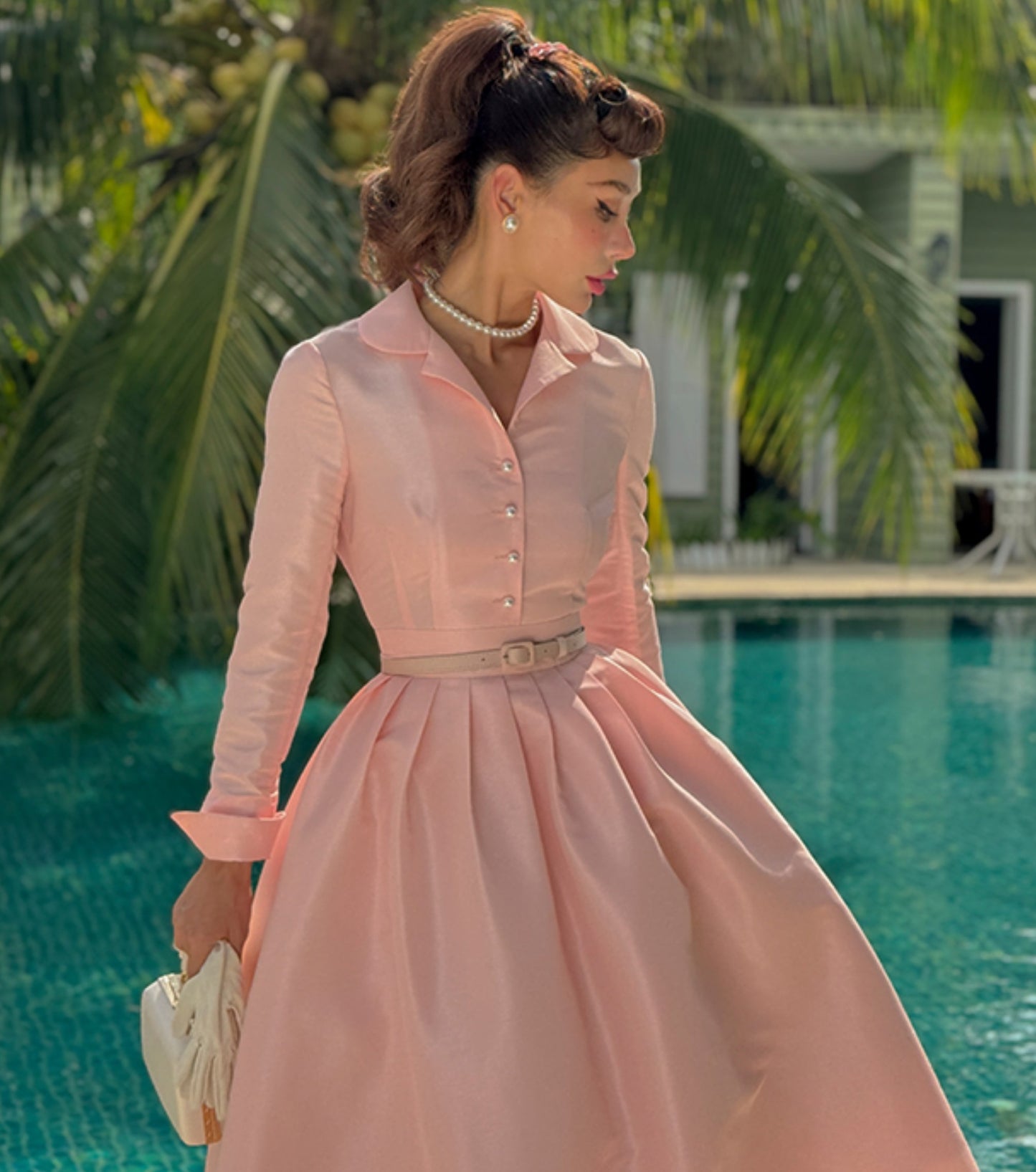 Le Palais Vintage Pink Retro Lapel Long Sleeve Button Puffy Cocktail Skirt-LEO