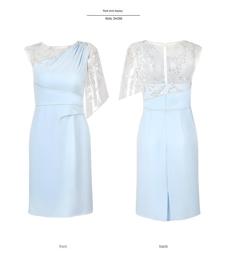 SIDUO Elegant mid skirt short sleeves mid waist slim fit baby blue banquet dress-Alice ( V )