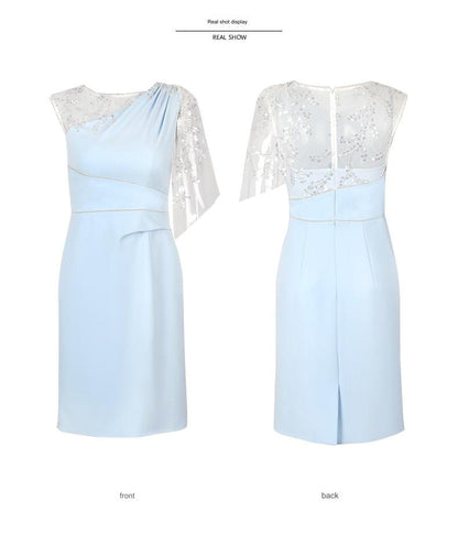 SIDUO Elegant mid skirt short sleeves mid waist slim fit baby blue banquet dress-Alice ( V )