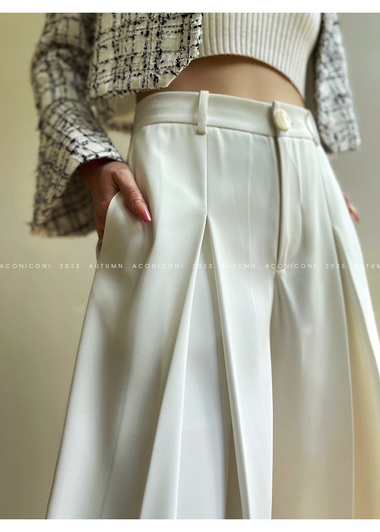 Aconiconi Eleant White Waist Loose Long Straight Suit Dinner Pants- Cloud Steps