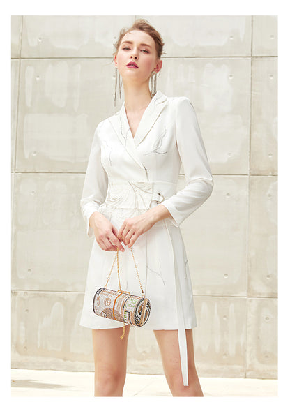 SIDUO Luxury long sleeve V-neck mid waist mid skirt embroidery white dinner dress-Beatrice  ( V )