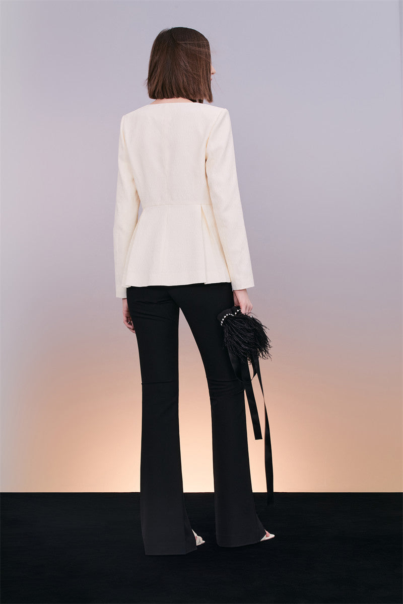 PURITY Elegant white jacquard square collar buckle blazer pant suit set- Jacquline