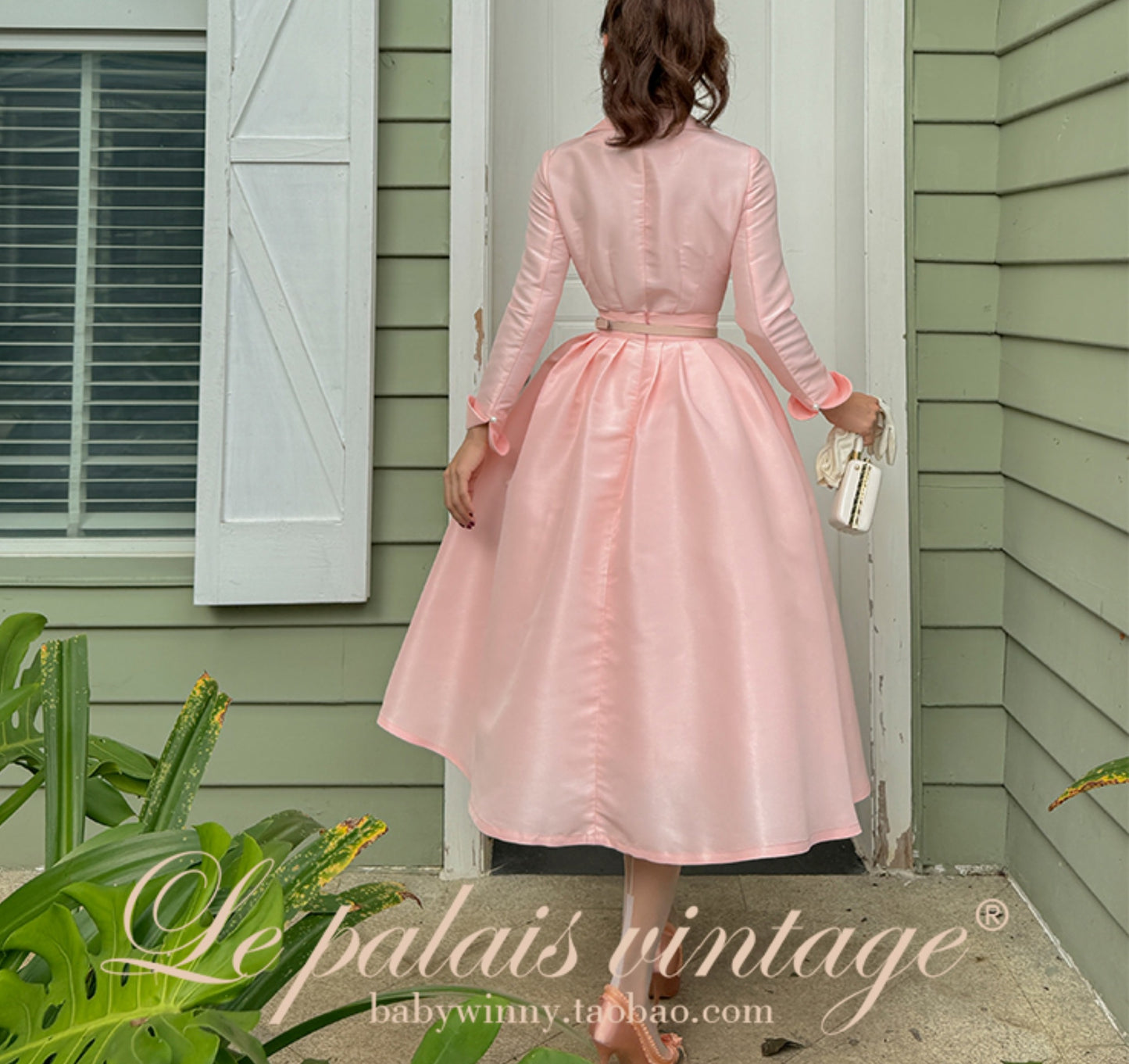 Le Palais Vintage Pink Retro Lapel Long Sleeve Button Puffy Cocktail Skirt-LEO