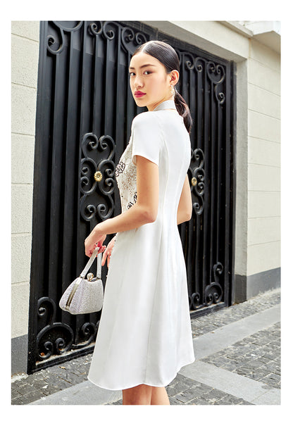 SIDUO Elegant midi short sleeve mid waist Chinese style white banquet dress-Jane  ( V )