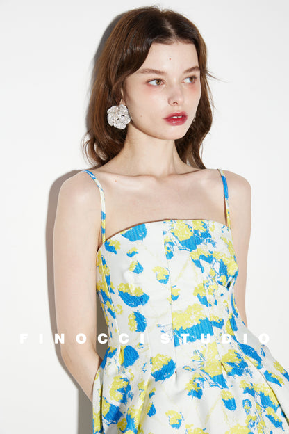 French yellow blue printed jacquard  puffy dress- Nicco