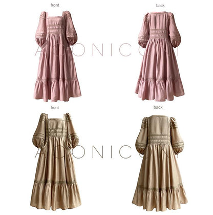 Aconiconi Elegant Lantern Sleeve Loose Long Dress- Flower lotus wood shadow