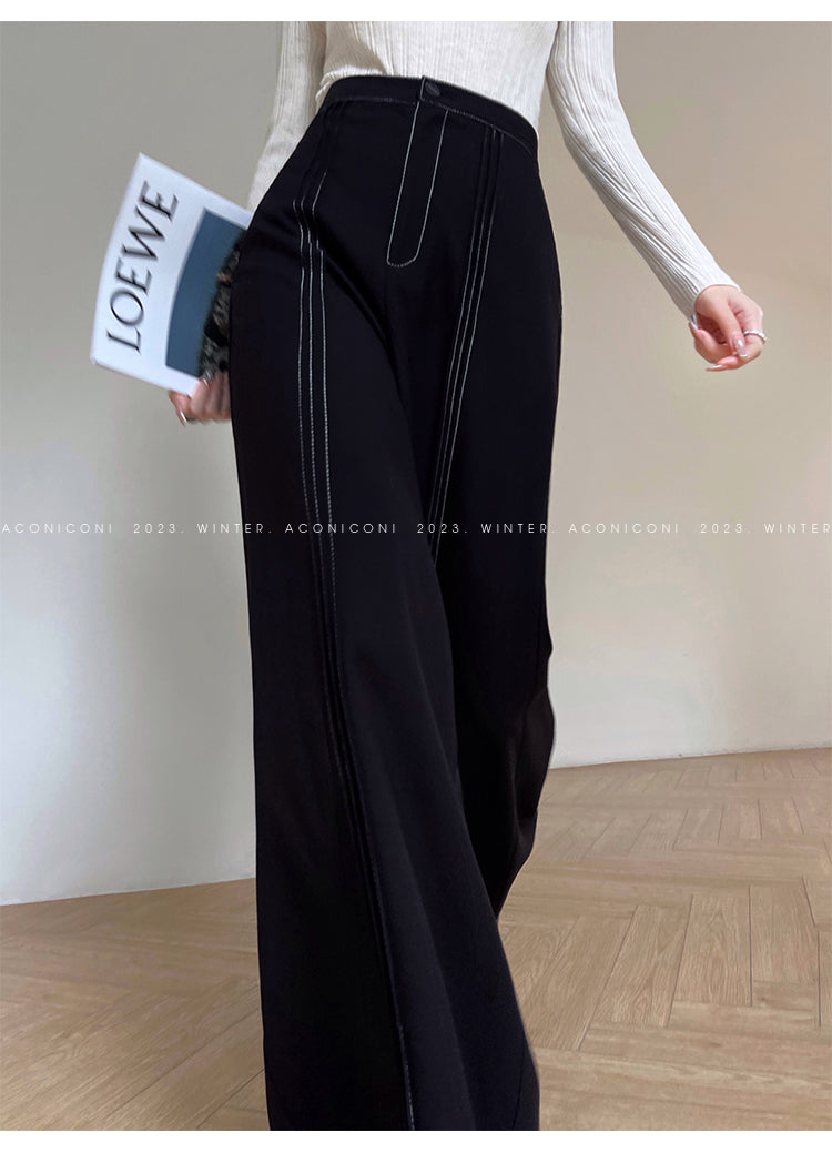 Aconiconi Elegant Black Sea Blue wide leg Long Chic Pants- Black Tea Salt Lake