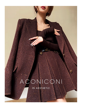 Aconiconi Girl Full wool French long sleeve Blazer pleated skirt - Maillard