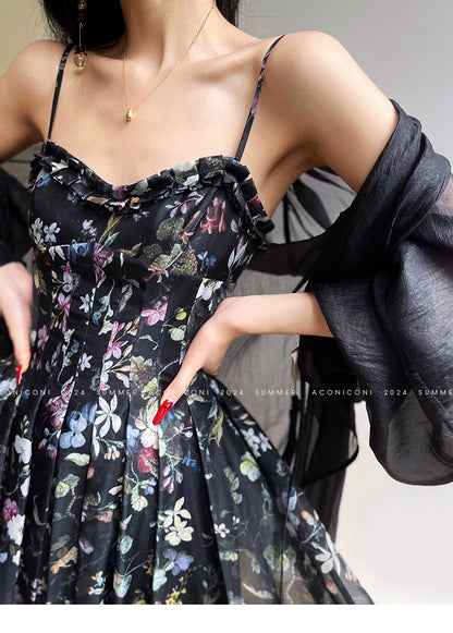 Aconiconi Luxury Black Flower Print  Slim Waist vacation Dress- Huachen Yueying