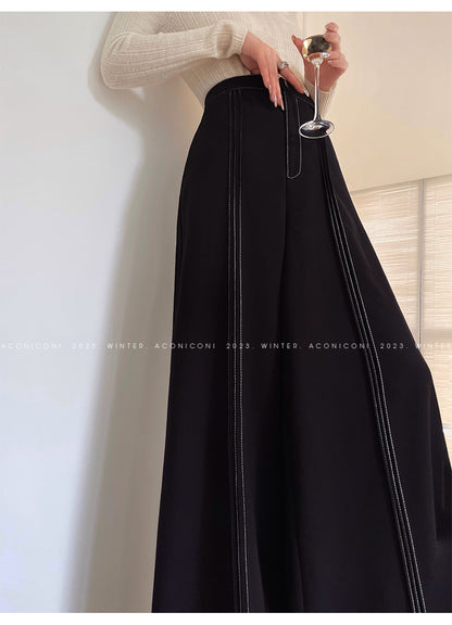 Aconiconi Elegant Black Sea Blue wide leg Long Chic Pants- Black Tea Salt Lake