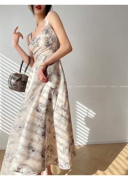 Aconiconi  Elegant Sleeveless Floral Print Long swing Dress- Garden of Thorns