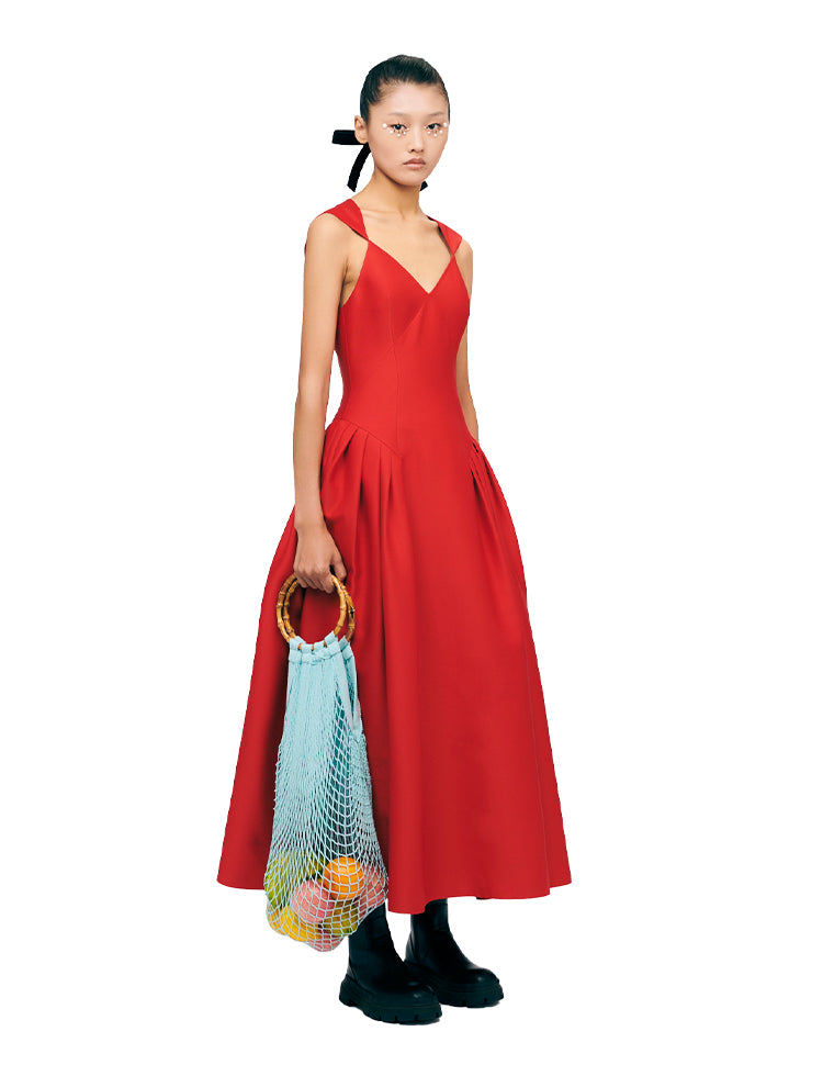 YES BY YESIR pressed pleats sexy elegant red evening formal dress- Aiitca