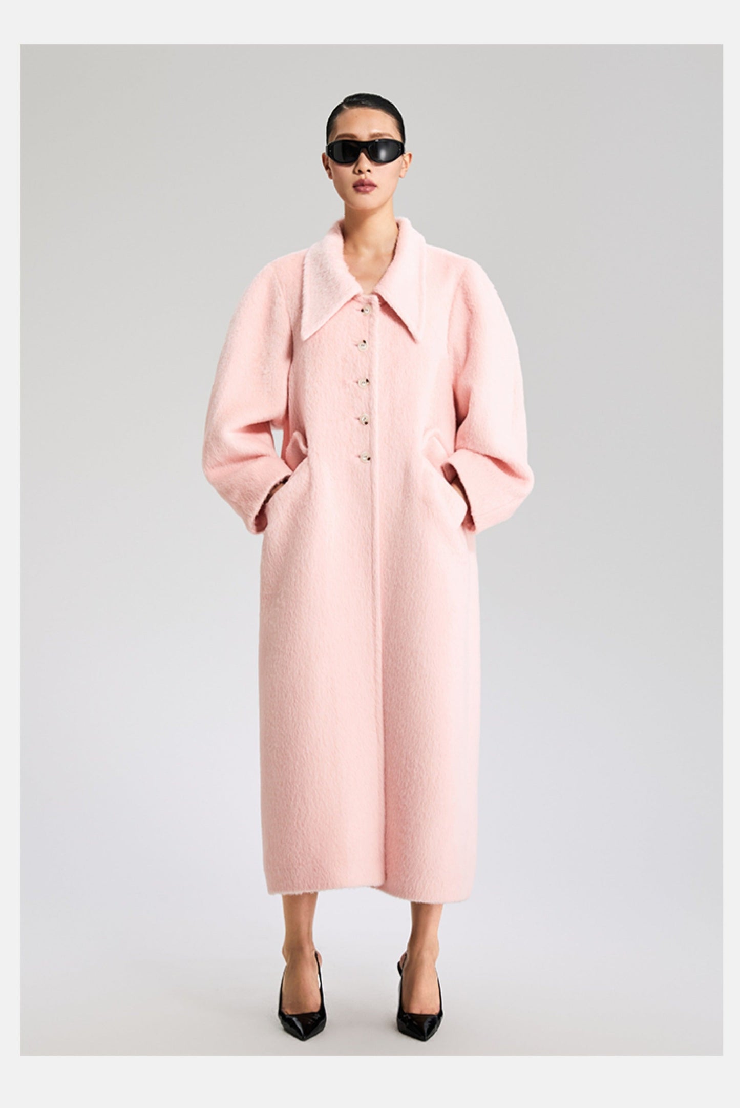 LEDIM W wool square neck pastel salmon pink loose long winter coat- Fan