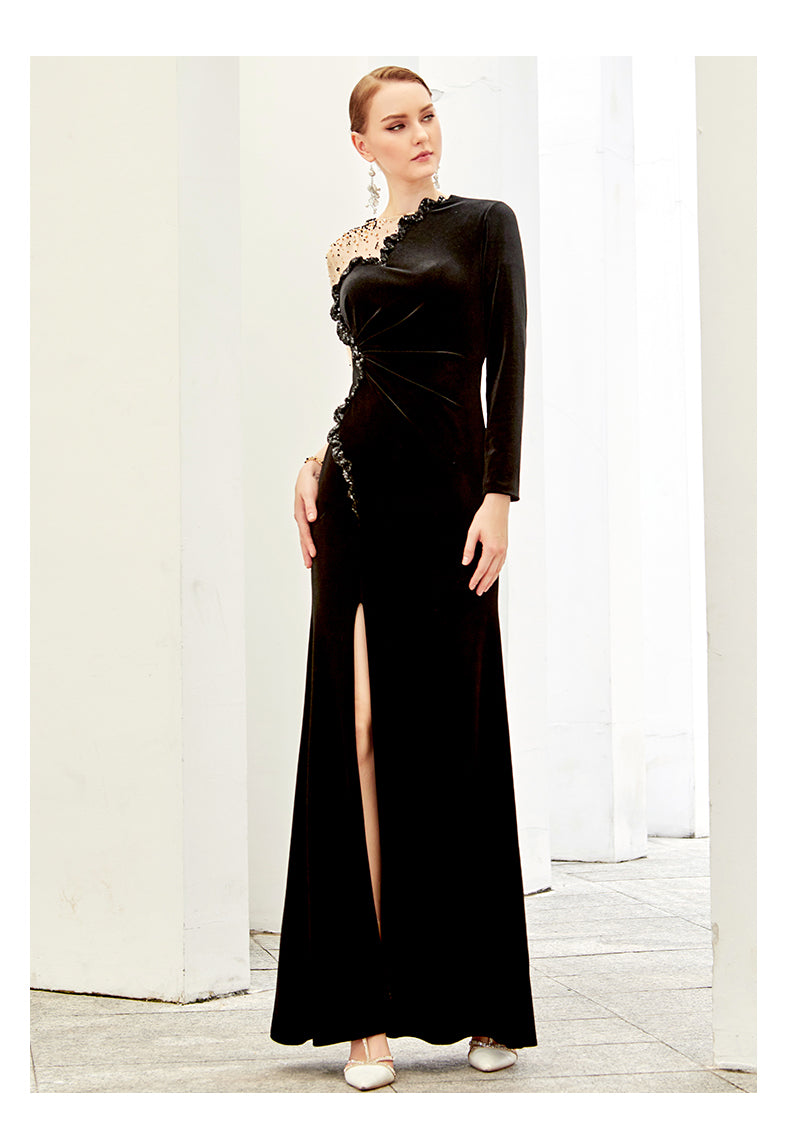 SIDUO High-End autumn long sleeve ankle length plain slit sexy black evening dress-Belle  ( V)