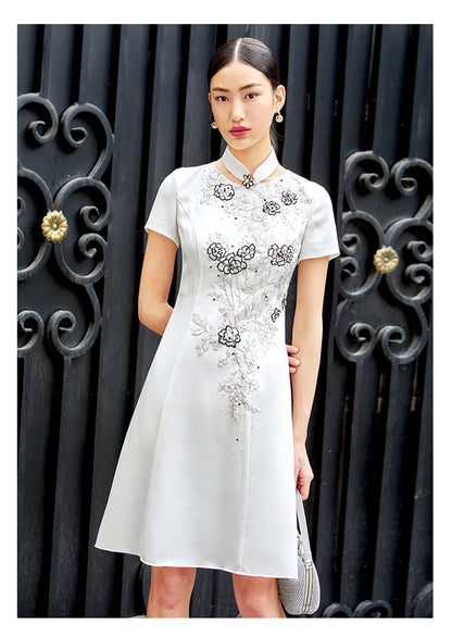 SIDUO Elegant midi short sleeve mid waist Chinese style white banquet dress-Jane  ( V )