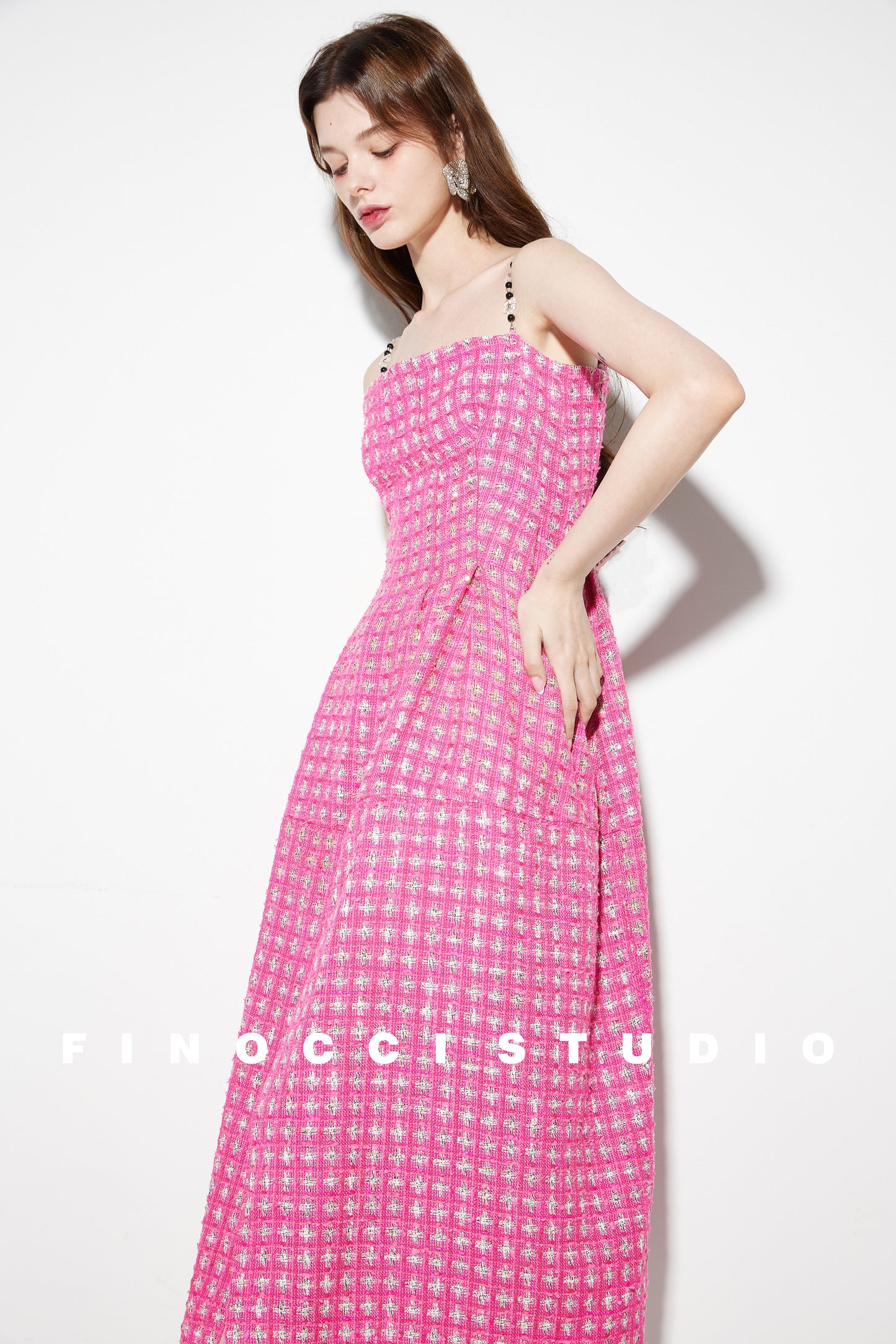 Pink Tweed Delicate Sequins Flat Beaded dress - Cueiw