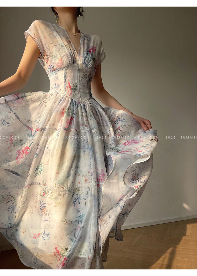 Aconiconi  high-end V-neck A-Line Vintage printed tea summer dress- Yufu fairy