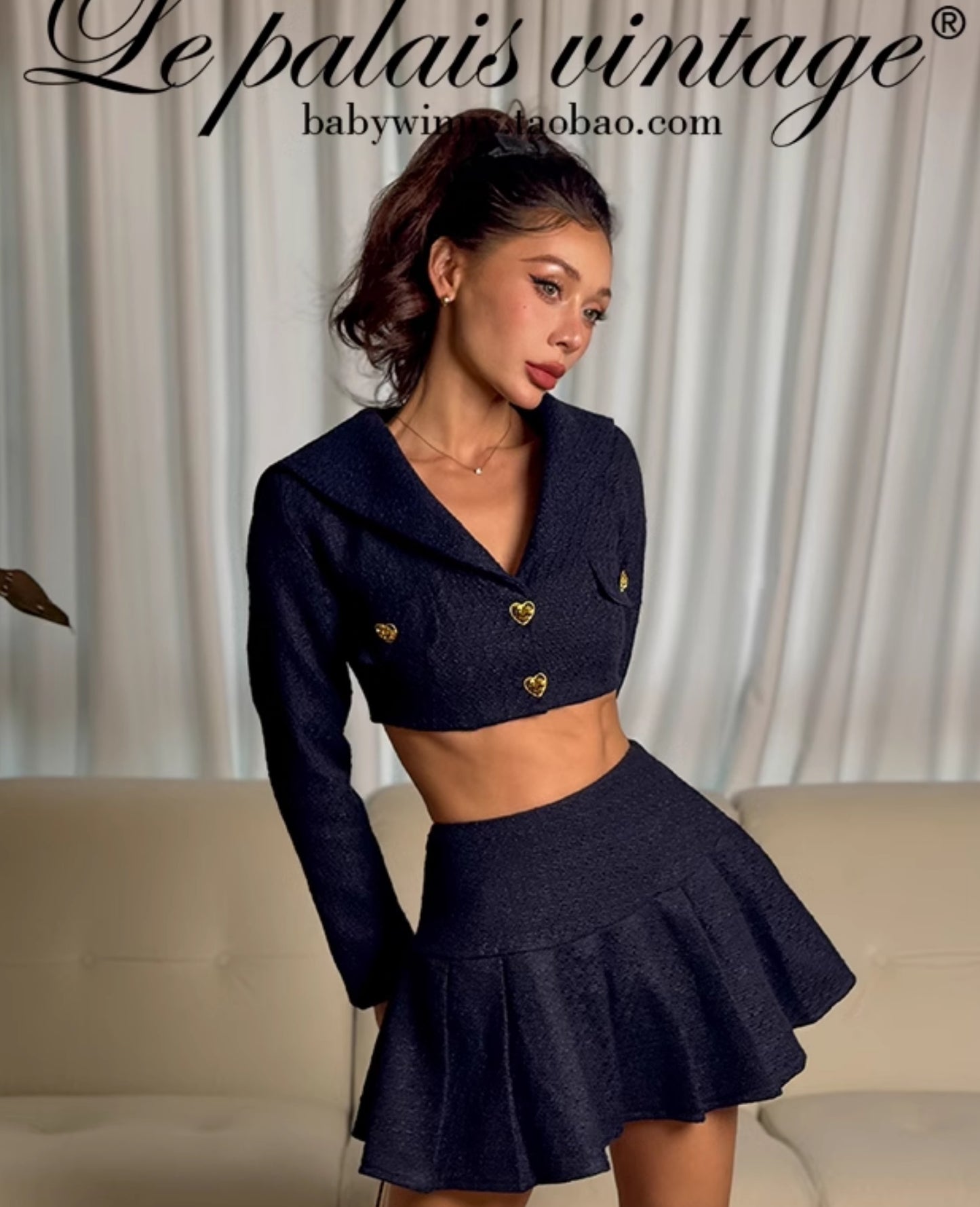 Le Palais Vintage Elegant Navy Collar Short Jacket + Chic Pleated Skirt-MARYANN