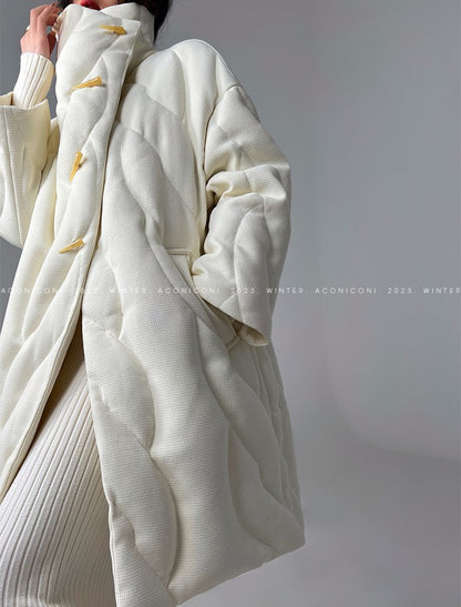 Aconiconi Elegant White/Brown Duck Down Loose Long Sleeve Medium Jacket- Woody Cotton Cloud