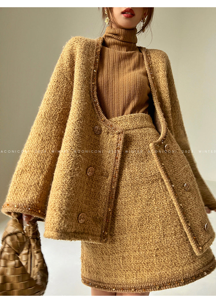 Brownie autumn wool retro tweed suit skirt jacket - Dunnu