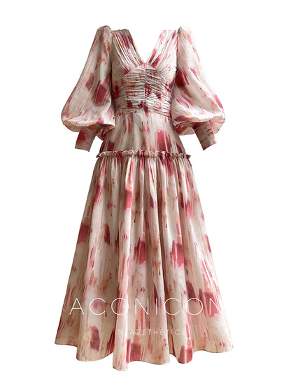 Aconiconi Elegant Rose French Print V-Neck Long Sleeve Long Summer Dress- Wild Rose